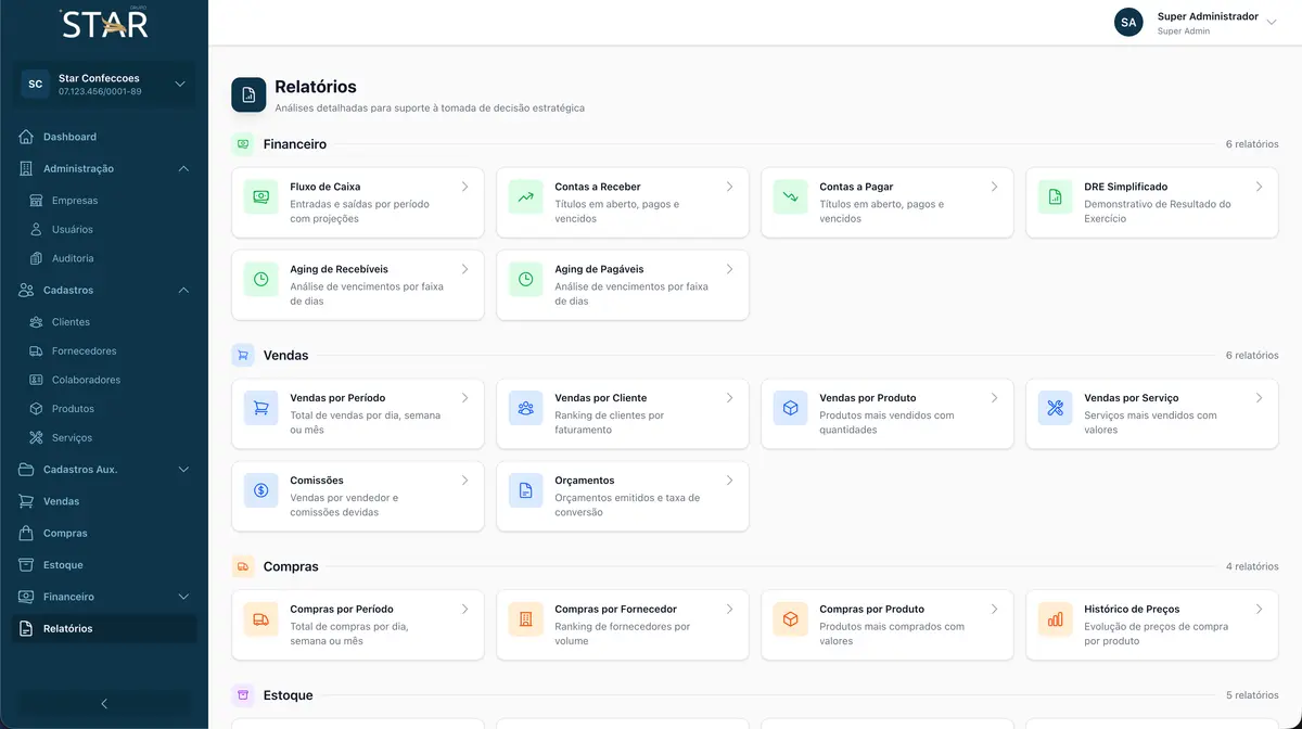 Tela de relatórios do ERP do Grupo Star
