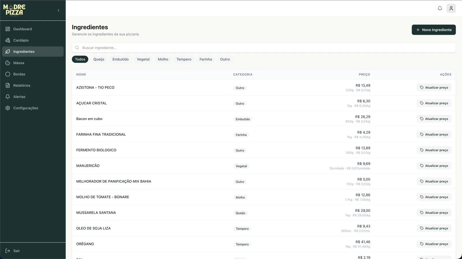 Tela do aplicativo Preço Menu